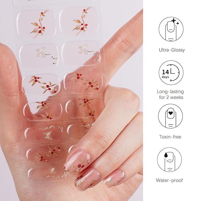 DANNI & TONI Semi Cured Gel Nail Strips Flower Rose Hip Gel Nail Wraps Golden Butterfly UV Led Nails 28 Stickers Gift for Women | Blossom