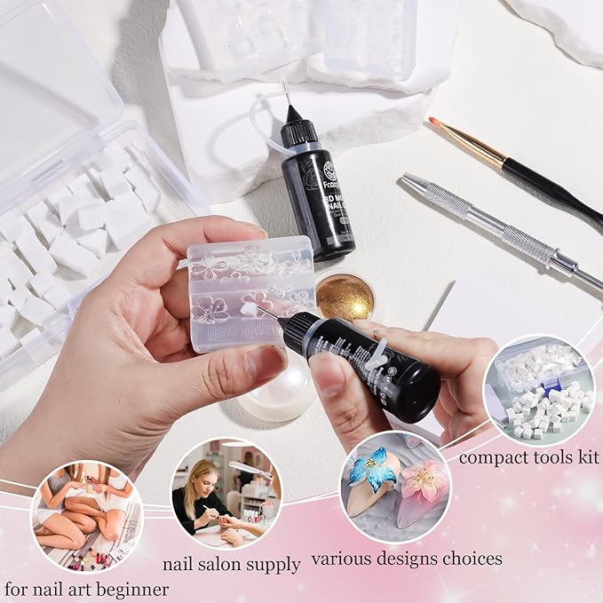 3D Gel Nail Art for Nails Starter Kit: 15ML Clear and White 3D Sculpting Gel with 3PCS Silicone Flowers Nail Charm Molds Gold Silver Chrome Powder Ombre Sponges Salon Supplies DIY Manicure