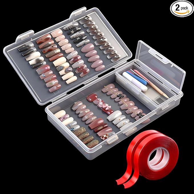 BQAN Press on Nails Storage Box，Clear Press on Nails Packaging Set with 2pcs Double-sided Adhesive Tape and Small Nail Tool Container, Nail Organizer & Display Storage Box
