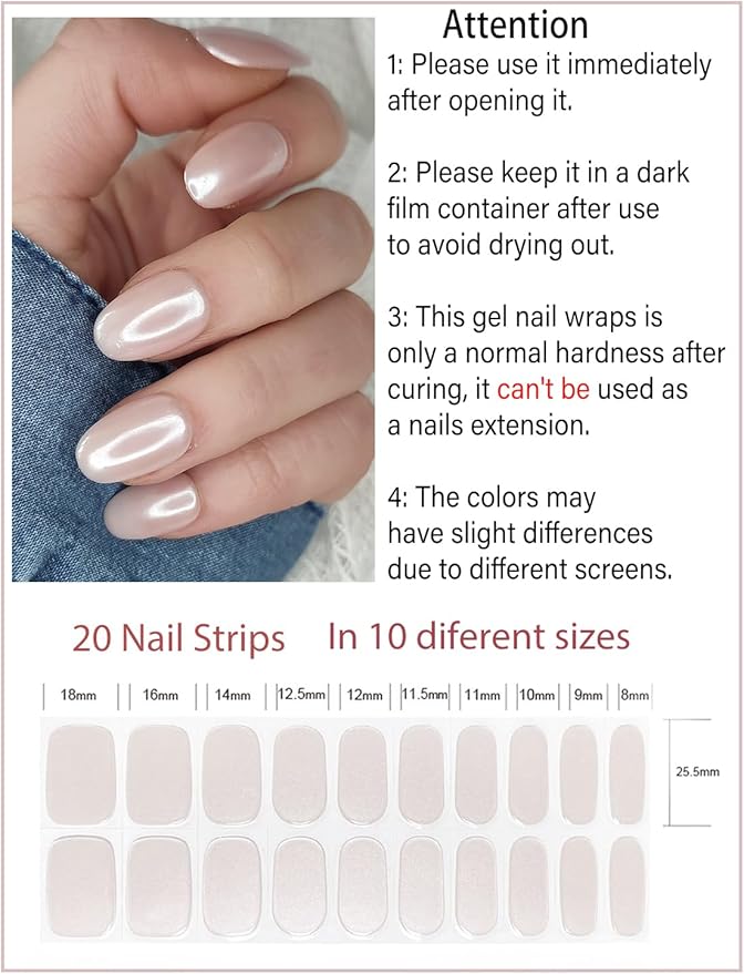 Semi Cured Gel Nail Strips, 20pcs Glazed Donut Milky, Pearl White Gel Nail Stickers for Home Nails DIY