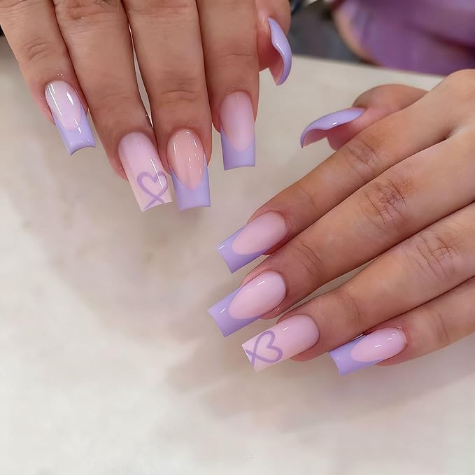 Coffin Press on Nails Medium - Purple French Tip Fake Nails with Heart Design - Glossy Full Cover Stick on False Nails - for Women 24 Pcs