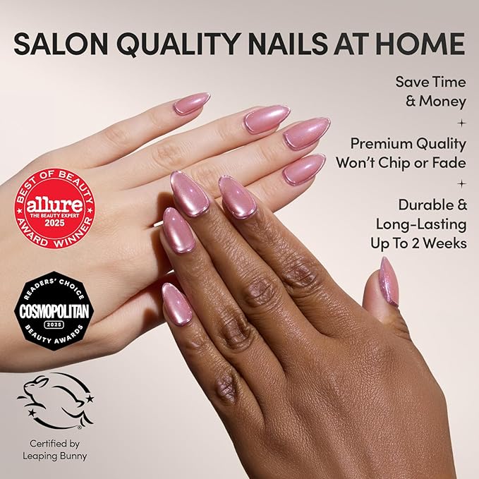 Glamnetic Press On Nails - Mertini | Short Almond Pink Cat Eye Fake Nails with Raised Gold Foil Accents, Salon Quality Summer Nails | 15 Sizes - 30 Nail Kit with Glue