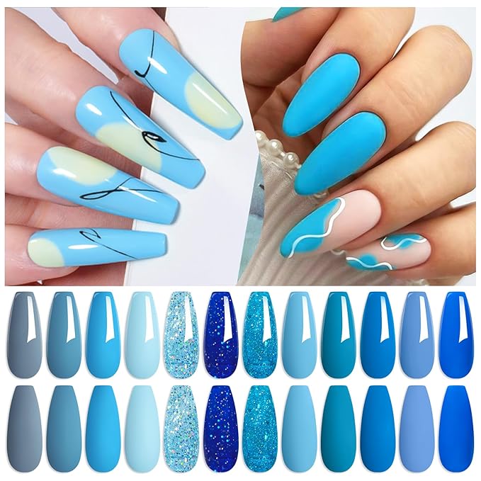 MTSSII Blue Gel Nail Polish Set 12 Colors, Royal Blue Sky Blue Glitter Navy Blue Nail Gel Polish Kit Light to Dark Shades Soak Off Nail Art Salon Design Home Manicure Holiday Gift for Women Girl