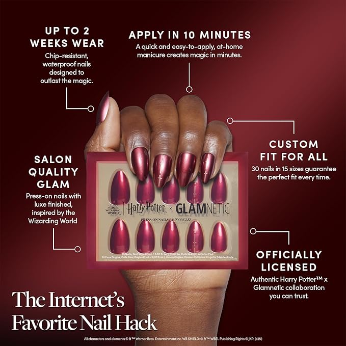 Harry Potter™ x Glamnetic Press On Nails - Gryffindor™ | Scarlet Red Graphic Short Almond Nails in a Chrome Finish | 15 Sizes - 30 Nail Kit with Glue
