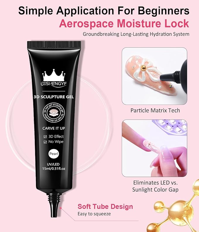 Clear 3d Nail Gel,Multifunctional 15g Pearl 3D Sculpting Nail Gel No Wipe Craving 5D Embossed 3D Nail for Carving,Molding and Painting Art Designs,Rhinestone Glue for Gems Decoratio