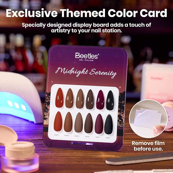 beetles Brown Gel Polish Set - Midnight Serenity HEMA-Free Gel Polish Set, 6 Colors 15ml Mocha Brown Wine Plum Shades, Salon-Quality Long Lasting Soak Off UV LED Nail Gel with Swatch Card