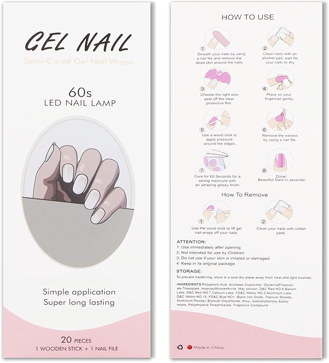 JMEOWIO Gel Nail Stickers White Transparent Semi Cured Gel Nail Strips Wraps UV/LED Nails Art Design Decoration Accessories