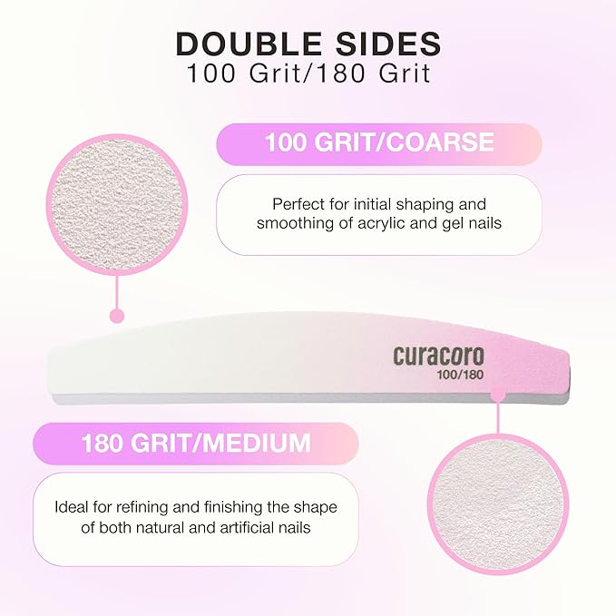 Curacoro 10 PCS Nail File - Professional Half-Moon Nail Files Double Sided Emery Board (100/180 Grit), Washable Nail Files and Buffers, Smooths & Shapes Nails, Manicure & Pedicure Buffing Tools
