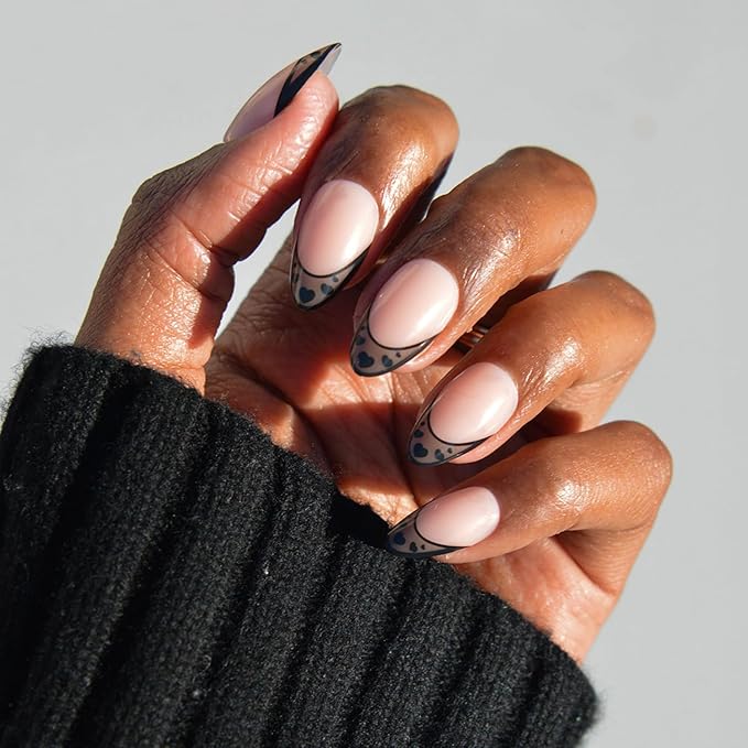Valentines Day Glamnetic Press On Nails - Love Noir | Short Almond Fake Nails in Semi-Transparent Black French Tips with Opaque Outline and Heart Details | 15 Sizes - 30 Nail Kit with Glue