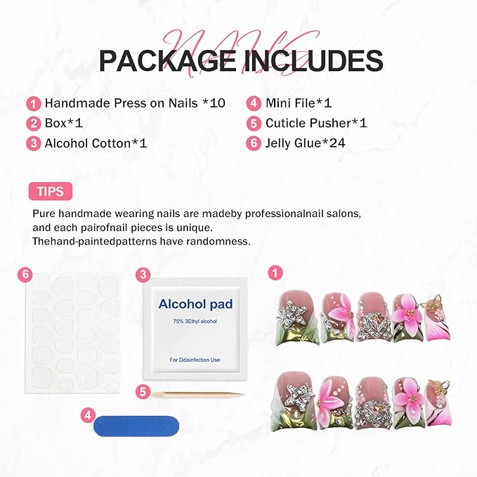 Handmade Gradient Flower Press on Nails Short Duck Fake Nails Muti-Layer Gel Stick on Nail with Luxury 3D Flower & Rhinestone Designs French Tip Fake Nails Art Acrylic False Nails for Wome (Size M)