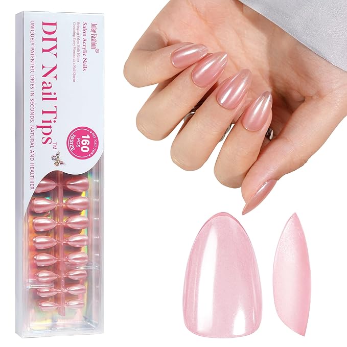 Press On Nails - Short Almond Nails, 160Pcs Acrylic Nails, Fake Nail Tips for DIY Nail Art, Soft Gel Nails, Pink, 16 Size
