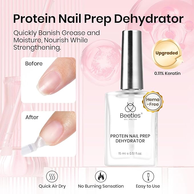 Beetles 15ml Protein Nail Prep Dehydrator and Primer nail Set - 2PCS Hema-Free & Acid Free Nail Bond Protein Prep Kit for Gel Nail Polish Acrylic Nail Supplies