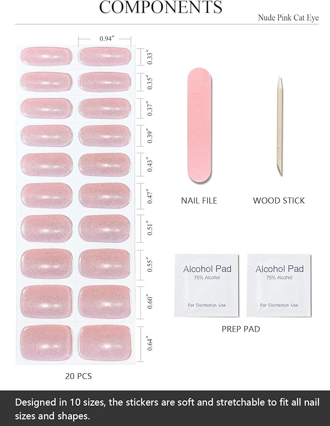 Semi Cured Gel Nail Strips (Nude Pink Cat Eye), Light-Chasing, 20 Pcs Gel Nail Wraps, Stickers, Works with Any UV Lamps
