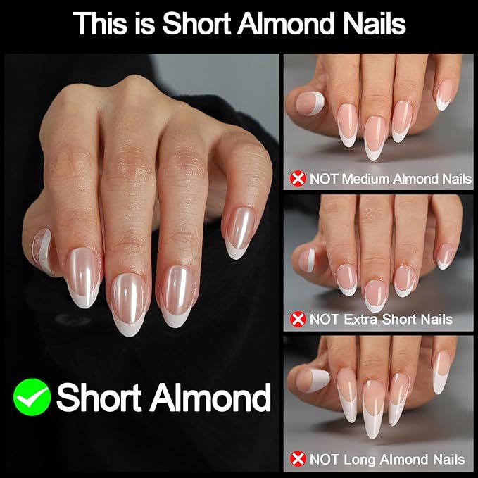 16 Size Chrome White French Tip Almond Press On Nails,32 Pcs Salon Quality Glossy Short Glue on Gel Nails (Chrome French White Tip)