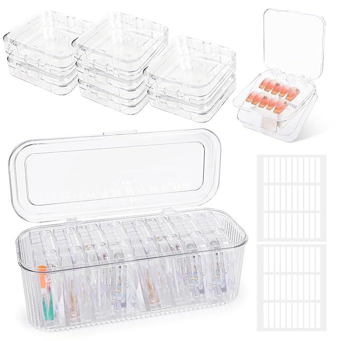 Inmorven Press on Nail Storage Box, 8 PCS Double Layer Organizer with 60 Adhesive Tapes, Clear Acrylic Display Case for Fake Nail Salon & Travel Use (8 PCS Double Layer)