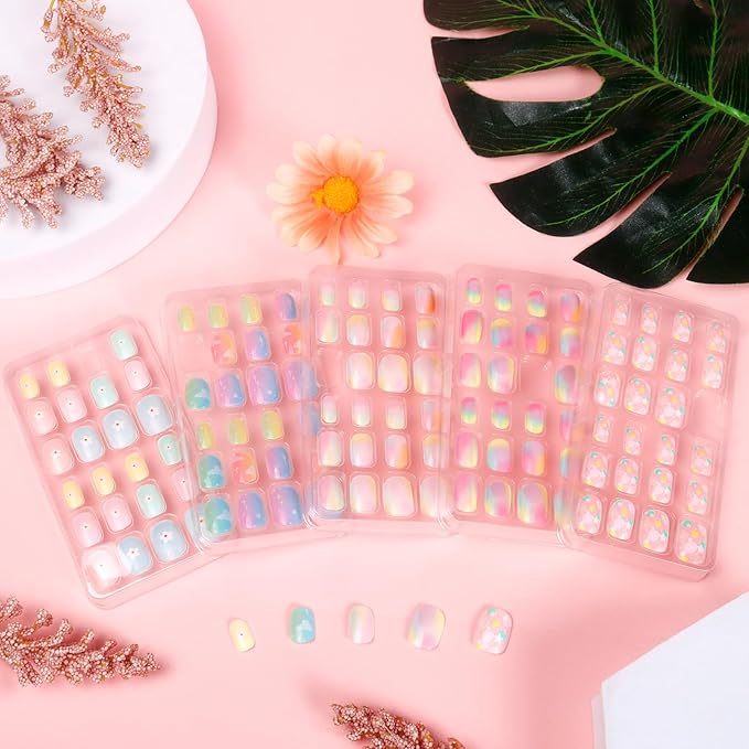 SIUSIO 120Pcs 5 Pack Press on Nails kids Children Acrylic Fake Nails Cute Pre-glue Full Cover Gradient Color Rainbow Short Stick On False Nail Art Kits Set for Kids Little Girls - Gradient Paradise