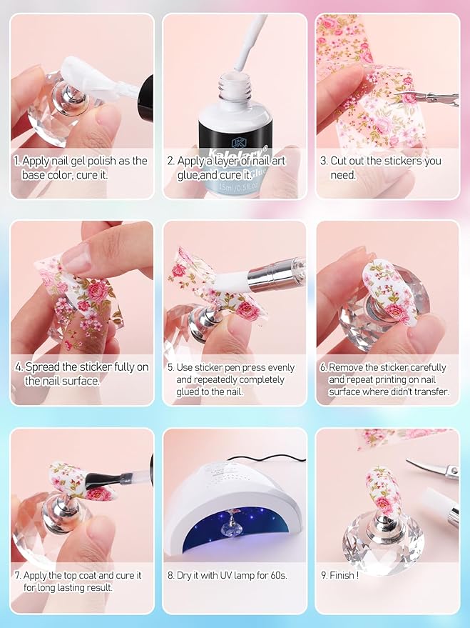 Kalolary 30ML Nail Foil Glue Gel with 80Pcs Foil Transfer Stickers Set, Holographic Nail Art Transfer Stickers DIY Decoration for Salon or Home Use