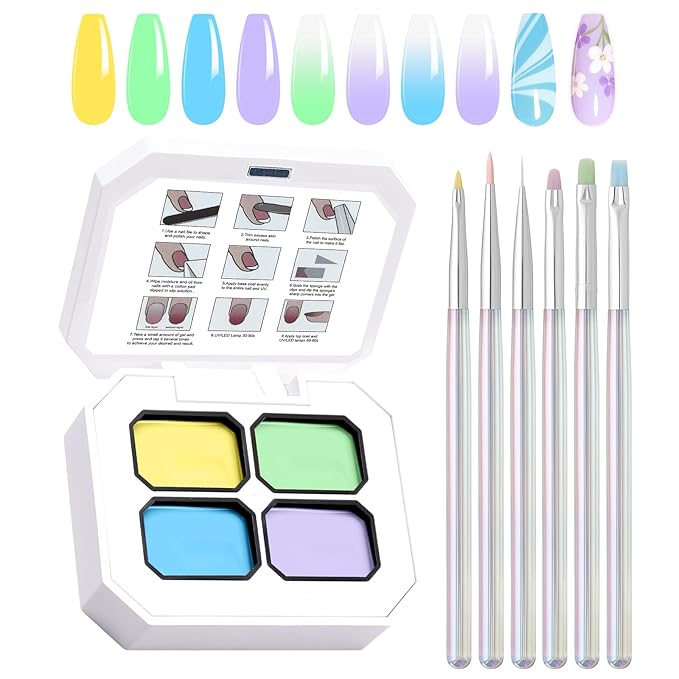 Gradient Gel Nail Set, 4 Bright Colors Ombre Gel Nail Polish with 6 Aurora Multi-Purpose Brushes for Pigment Pat Nails French Manicure Nail DIY Painting Soak Off UV Ice Cream Dream