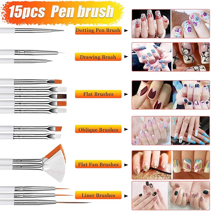 Nail Brushes Kit - Nail Art Brushes, Dotting Tools, Holographic Stickers, Foil Tape, Rhinestones & Tweezers