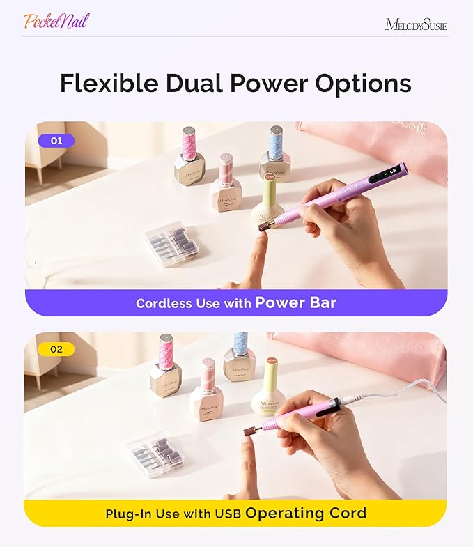 MelodySusie PocketNail Pen-Shaped Cordless Modular Nail Drill, Extended Kit, PC100GR 20000RPM Slim Portable Rechargeable Electric File for Nail Care & Gel Removal at Home for Beginners, Grape Ice