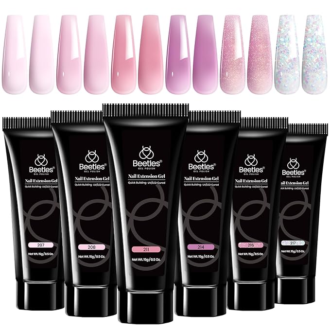 Beetles Poly Nail Gel Kit - 6 Colors (Rose Love) - Nude Pink Glitter - DIY Home Salon Gift for Women Girls