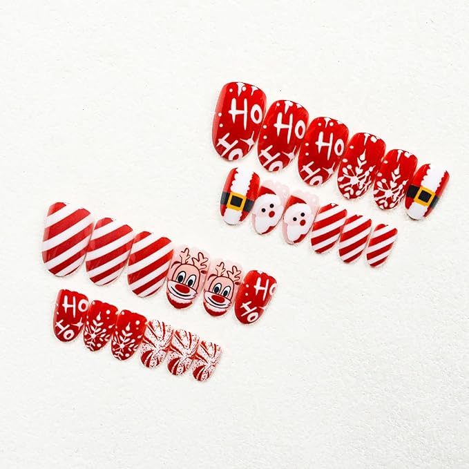 Christmas Press on Nails Medium Oval MABKJLF Fake Nails False Nails with Reindeer Snowflake Santa Stripes Designs Red Glossy Glue on Nail Winter Full Cover Acrylic Nails for Women Girls 24Pcs