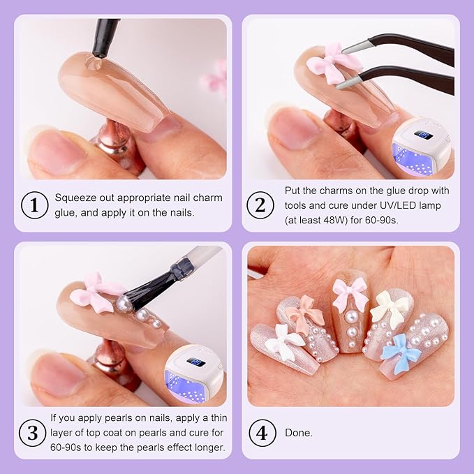 120 Pcs 3D Nail Bow Charms + 2-4mm Nail Pearls Set 8, Pink White Black Bow Nail Charms and White Flatback Pearls with Nail Charm Glue Gel(UV Needed) and Pickup Tools for Nail Art Decoration, Small