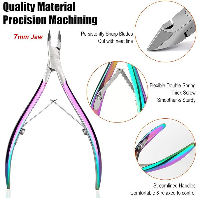 LePinko Professional Cuticle Trimmer kit, Super Sharp Dead Skin Clipper, Labor-saving Cuticula Remover for Fingernail Toenail, Home Salon Use, 7mm Jaw, Rainbow Color