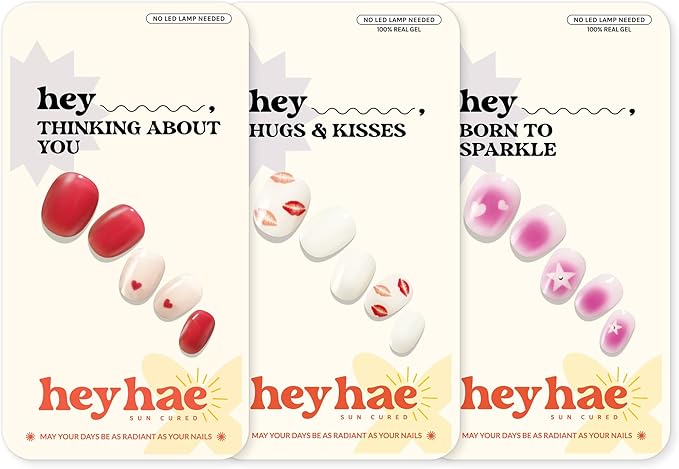 Heyhae Semi Cured Gel Nail Strips Assorted Bundle (3 Pack) | No LED Lamp Needed | Easy Apply & Remove, Salon Quality | Includes Strips, Prep Pads, Nail Files & Wooden Sticks - Be Mine