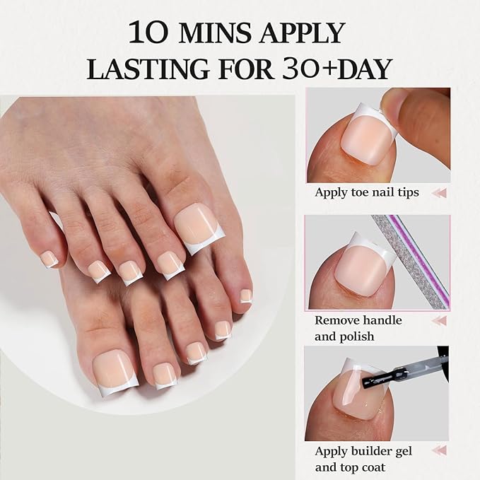 Toe Nail Press Ons, French Tip Toe Press On Nails for Salon, 150pcs Square Pre-Designed Soft Gel Thick False Toenail Extension, French Nude Acrylic nails Valentines Gifts for Women 15 Sizes