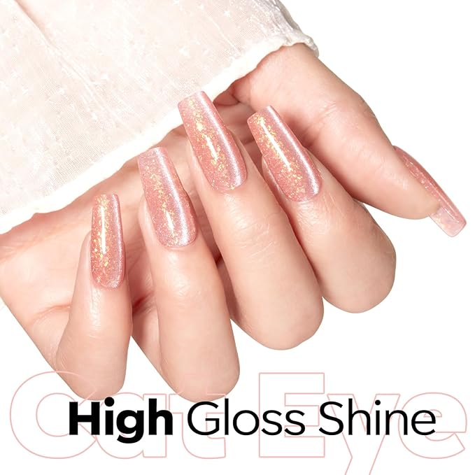 modelones Nude Cat Eye Pink Gel Polish 9D Cateye with Magnet Gold Glitter Gel Nail Polish Shimmer U V Soak Reflective Translucent Jelly Gel Magnetic Nail Polish 15 ML