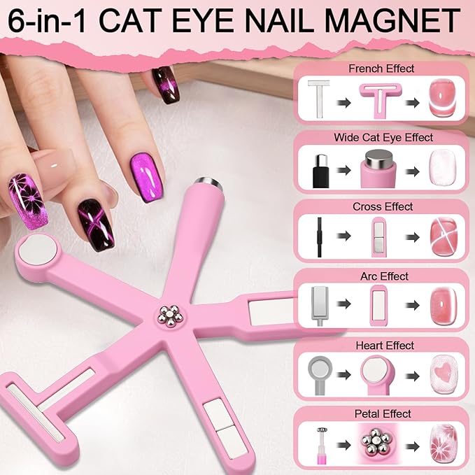 Cat Eye Magnet Set, 3 in 1 Heart Magnet for Cat Eye Gel Polish, 6 in 1 Cat Eye Nail Magnet for Beginners and Pros, Multifunctional Nail Magnet Tool for Nail Art DIY at Home (Pink)