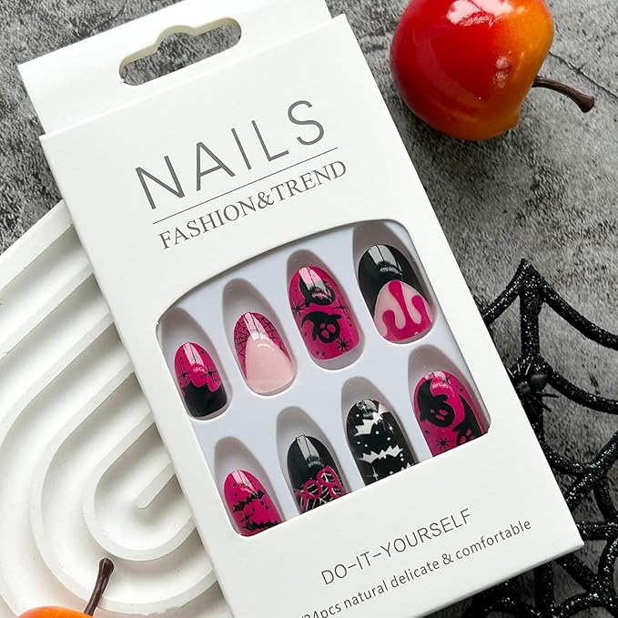 Halloween Press on Nails Oval Fake Nails French False Nails with Ghost & Spider Web Design Pink Acrylic Nails Full Cover Stick on Nails Artificial Nails Glossy Glue on Nails for Women 24Pcs