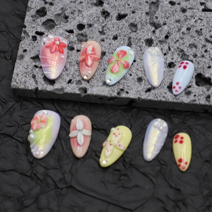Handmade Medium Almond Nails Thick Press on Nails Aurora Colourful Fake Nails with 3D Tropical Flower Art Design Reusable Acrylic False Nails with Glue, Nature Stick on Nail for Wome (Size S)