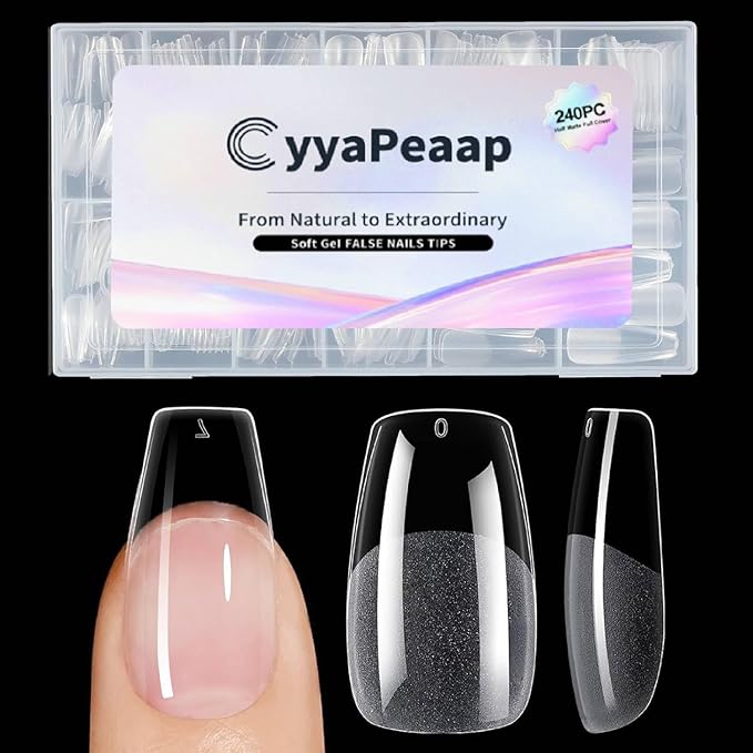 Medium Coffin Nails Tips - 12 Sizes 240Pcs Pre-Shaped Soft Gel Half Matte Full Cover Press On False Nails Tips Clear Acrylic Fake Nail Extensions for Home DIY Manicure Salon