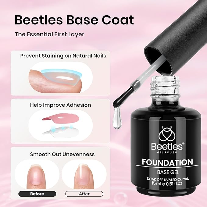Beetles 3Pcs 15ml Pink Gel Nail Polish and No Wipe Gel Top Coat & Base Coat Set, Soak Off UV Lamp and Long Lasting Top Coat French Manicure Art Design Kit