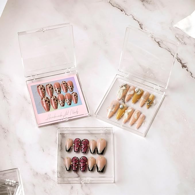 30Boxes Large (8 x 8cm) Press On Nail Packaging Storage Box and 90pcs Adhesive Tabs - Acrylic Organizer Case for Artificial Nail for Nail Business Supplies (clear, L)