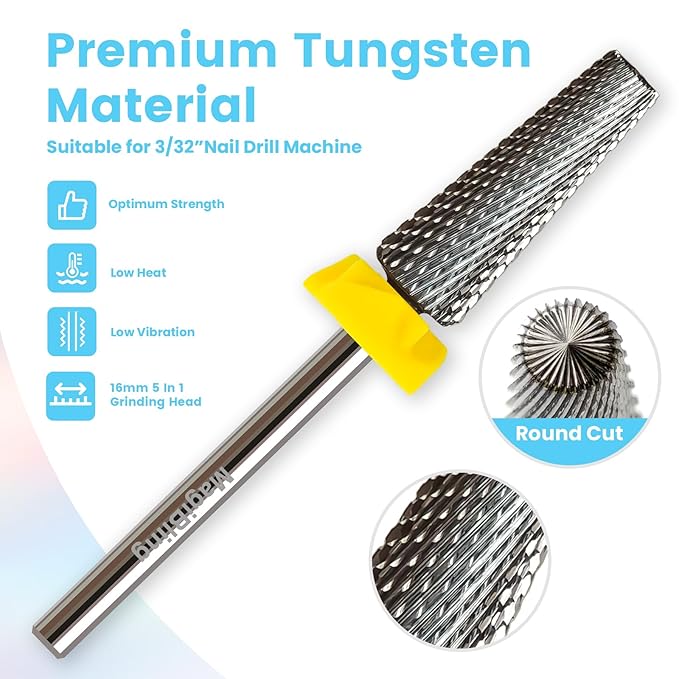 16mm 5 in 1 Tapered Barrel Nail Drill Bits, 3/32'' Safety Tungsten Carbide Bits, Right & Left Rotation, Manicure Cuticle Gel Acrylic Removal Polishing, Technicians Bits, Extra Fine