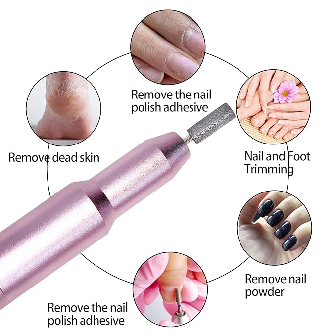 Nail Drill Kit Electric Rechargeable Set Cordless Nail Art Grinding Machine Compact Professional Nail File for Gel Manicure Pedicure Polishing Tool Household,Nail Removal Machine (Metallic Pink)