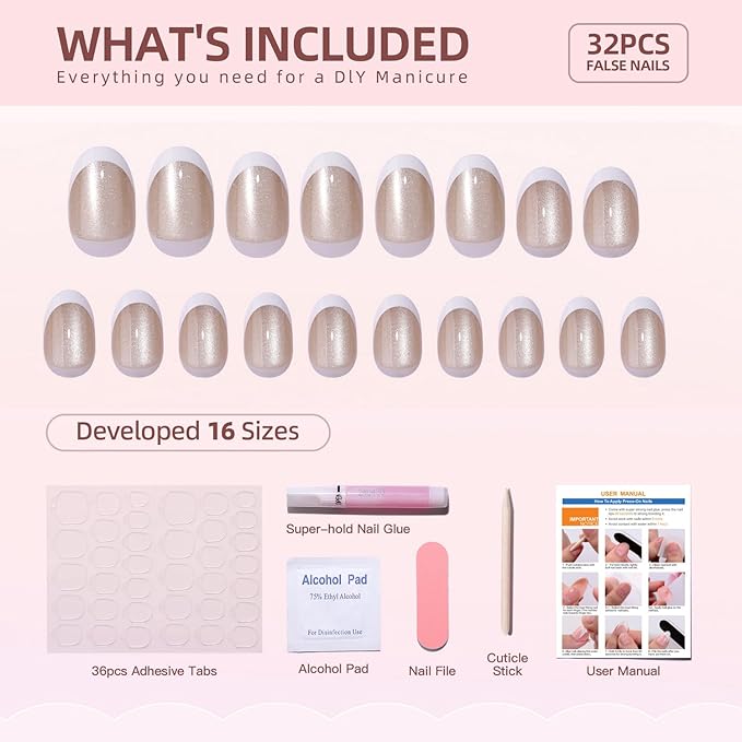 30 Pcs Cats Eyes Soft Gel Press on Nails White French Tip Fake Nails Short Almond Shaped False Nails Glitter Designs Full Cover Acrylic Nails with Glue Thickened Stick on Nails for Women Nail Art