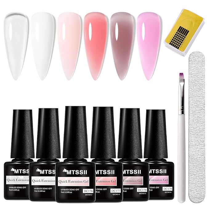 MTSSII 9Pcs Builder Gel for Nails Set, Shine Finish and Long Lasting, Soak Off LED Transparent White Nude Pink Nail Strengthener for Beginners DIY