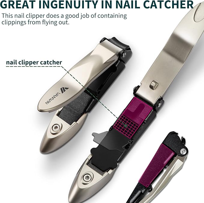 Nail Clippers with Catcher, No Splash Fingernail Toenail Clippers with Sharp Curved Blade and Glass Nail File, Wide Jaw Opening Stainless Steel Nail Cutter Trimmer for Seniors Adult Men Women