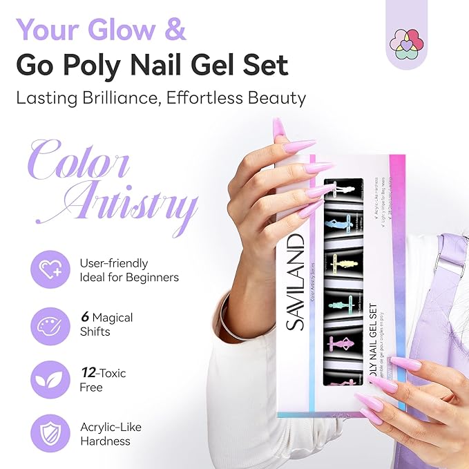 SAVILAND Hema-Free Poly Extension Gel Nail Kit: 6 Poly Gel Colors Fine Shimmer White Yellow Pink Poly Extension Gel Nail Kit, Long Lasting Hardness Poly Gel for Nourishing Nail Salon Home DIY Manicure