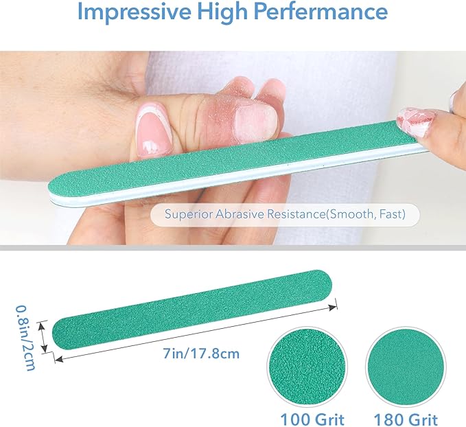 Nail File, 10 PCS Fingernail Files 7" Long 100/180 Grit Emery Boards for Nails - Professional Nail Files Washable for Acrylic, Gel, Dip Powder, and Poly Gel Nail - Medium Fine Grit