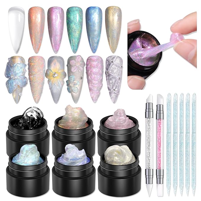 Solid Builder Gel for Nails, 6 Colors Clear and Aurora Mermaid 3D Sculpting Gel Non-Sticky Molding Hard Gels Extension Glue with Silicone Carving Pen Manicure DIY Salon Home