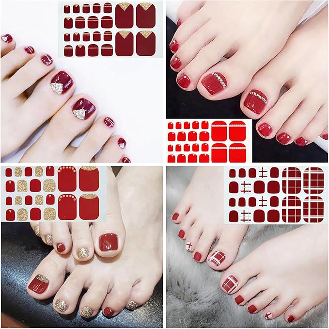SILPECWEE Toe Nail Polish Strips Red Full Nail Wraps for Women Self Adhesive Nail Polish Stickers Gel Nail Strips Toenails Nail Art Decoration with 1pc Nail File (20 Sheets)