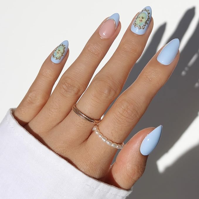 Valentines Day Glamnetic Press On Nails - Angel in Blue | Short Almond Fake Nails in a Soft Powder Blue Hue, Vintage Angel Cherub Graphics, French Tips and 3D | 15 Sizes - 30 Nail Kit with Glue
