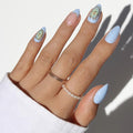 Valentines Day Glamnetic Press On Nails - Angel in Blue | Short Almond Fake Nails in a Soft Powder Blue Hue, Vintage Angel Cherub Graphics, French Tips and 3D | 15 Sizes - 30 Nail Kit with Glue