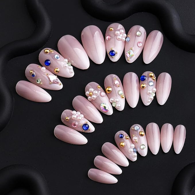 Long Almond Shape Press on Nails | Nude Pink Fake Nails with Pearls & Colorful Gems | Stick on Nail for Women 24pcs