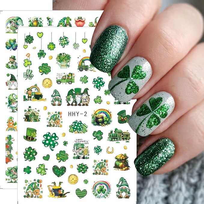 6 Sheets St Patrick’s Day Nail Art Stickers 3D Self- Adhesive Shamrock Nail Stickers Green Clover Hat Letter Golden Coin Irish Design St Patricks Day Nail Decals Nail Art Supplies for Acrylic Manicure